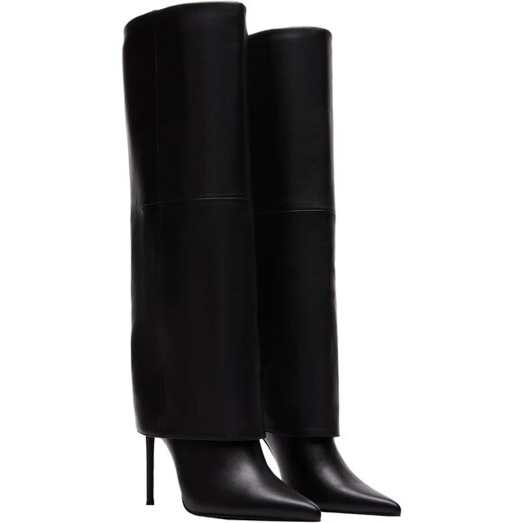 Shoes - Women's Black Knee High Wide Calf Pointed Toe Stiletto Fem Flame Stylish Heel
